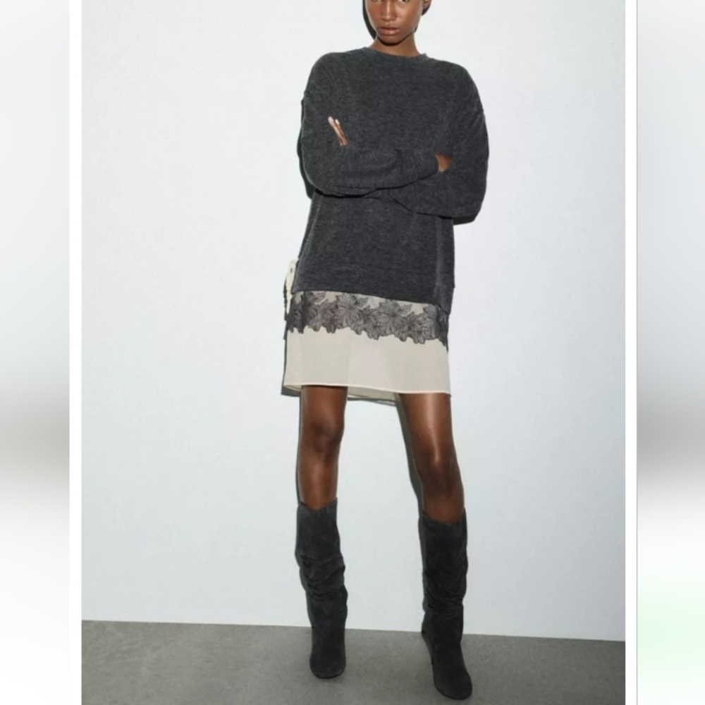 Zara Charcoal Gray Soft Sweater Dress Ruching Bow At Side with Lace Hem Sz-M